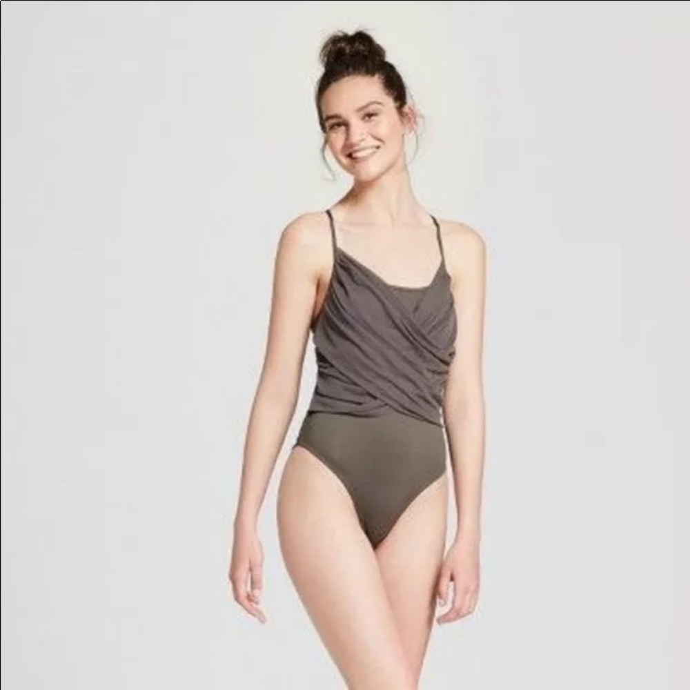 JoyLab Drape Front Wrap Mesh Crepe Bodysuit L NWT